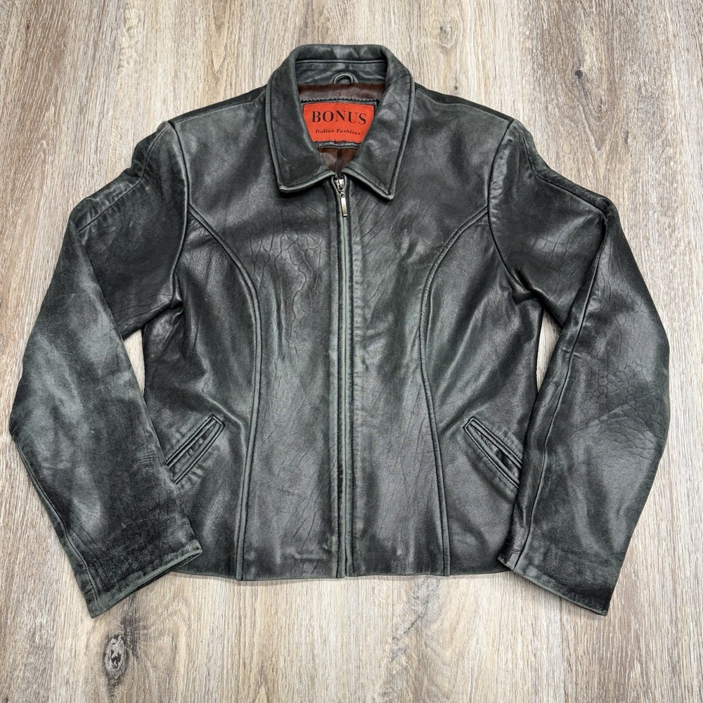 Vintage Y2K Soft Italian Leather Jacket Womens M Charleston Green/Black Zip Up